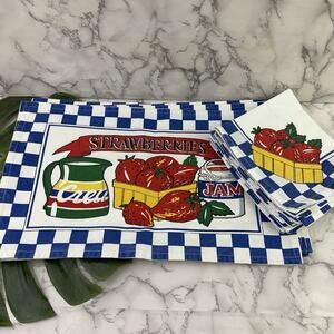 Vintage 90s Strawberry Jam Cloth Napkin Placemat Set of 8 White Blue Cottage